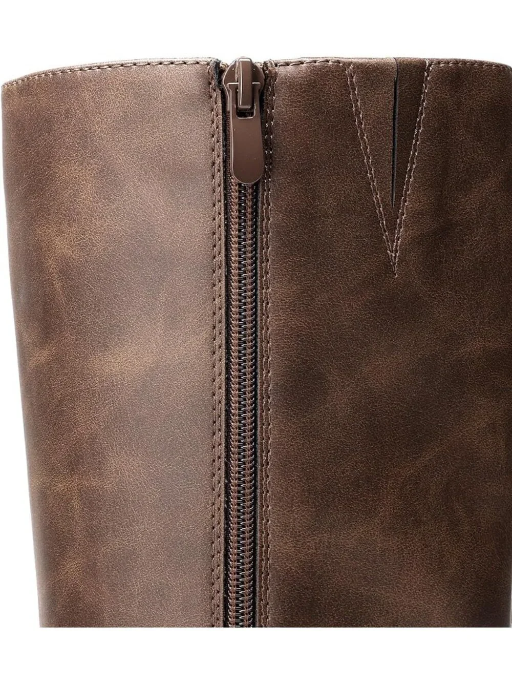 Women's Dark Brown Block Heel Round Toe Faux Leather Side Zipper Knee High Boots